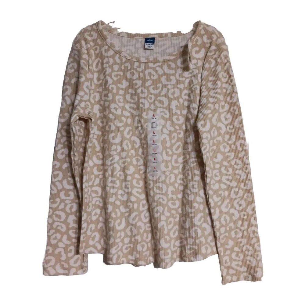NWT Girls Old Navy Cozy LS Printed Rib Knit Tee Size L 10-12 Tan Leopard